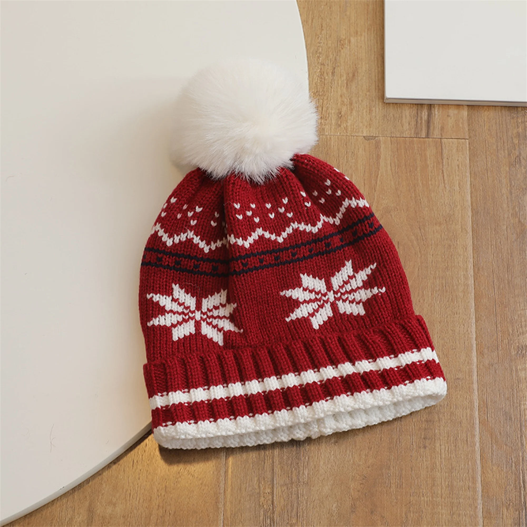 Winter Knit Hat for Children Festive Snowflake Pattern Beanie with Faux Fur Pom Pom Cozy Windproof Cap