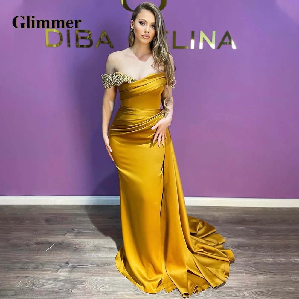 

Glimmer Attractive Mermaid Graduation Dresses Off The Shoulder Beadings Satin Brush Train Pleat Robes De Soiree Personalised