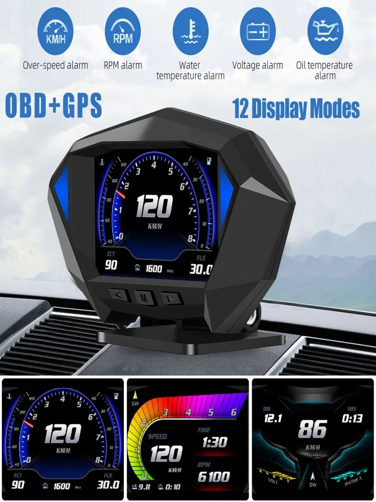 

Автомобильный дисплей OBD2 + GPS HUD, Универсальный Автомобильный цифровой спидометр, многофункциональная сигнализация превышения скорости для безопасного вождения автомобиля