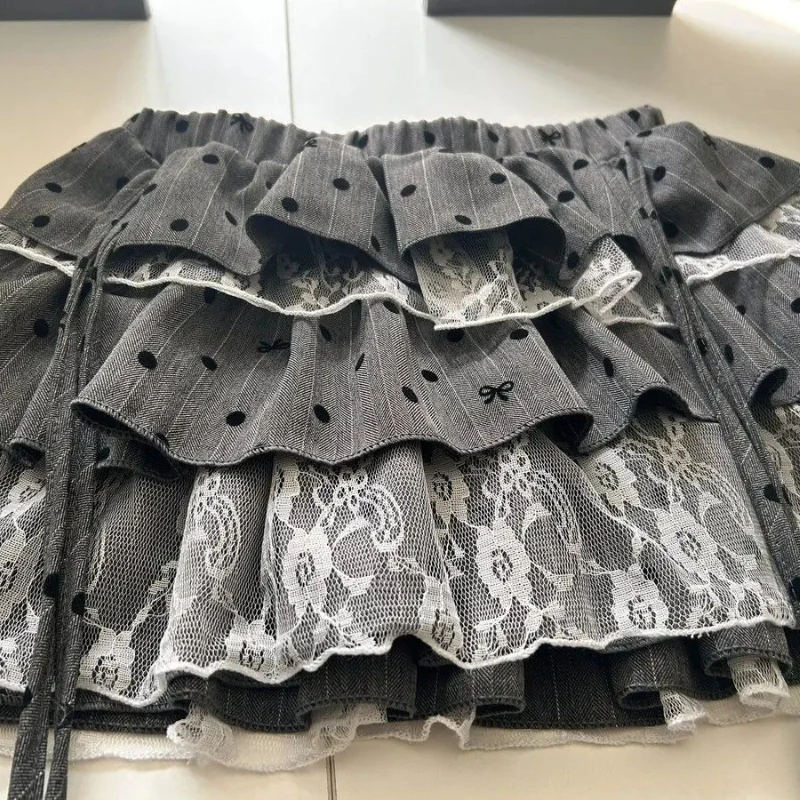 Y2k Harajuku Polka Dot Sweet Skirts Women Vintage Aesthetic High Waist Cake Mini Skirt Lace Patchwork Casual Bandage Kawaii Jupe 2