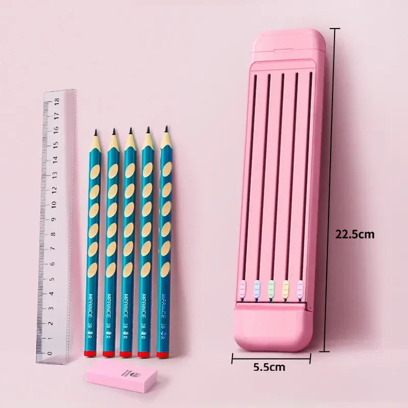 8 in 1 Pens Storage Box With 5 Pencils 1 Eraser and Ruler Kawaii Stationery Storage Box Desk Organizer School Supplies Gifts