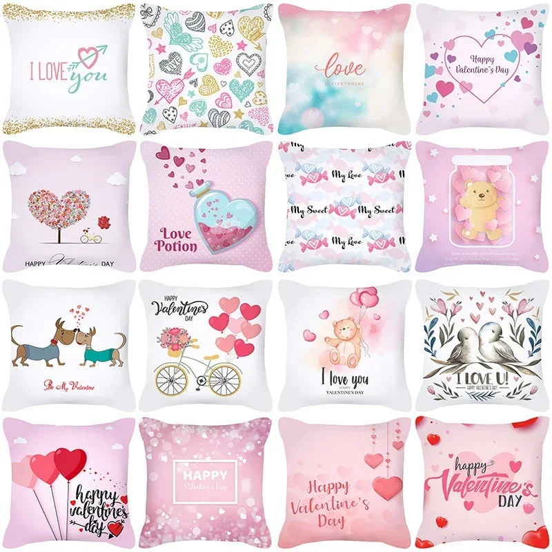 

Pink Pillowcase Girl Happy Valentine's Day Cute Peach Skin New Home Fabric Square Cushion Cover
