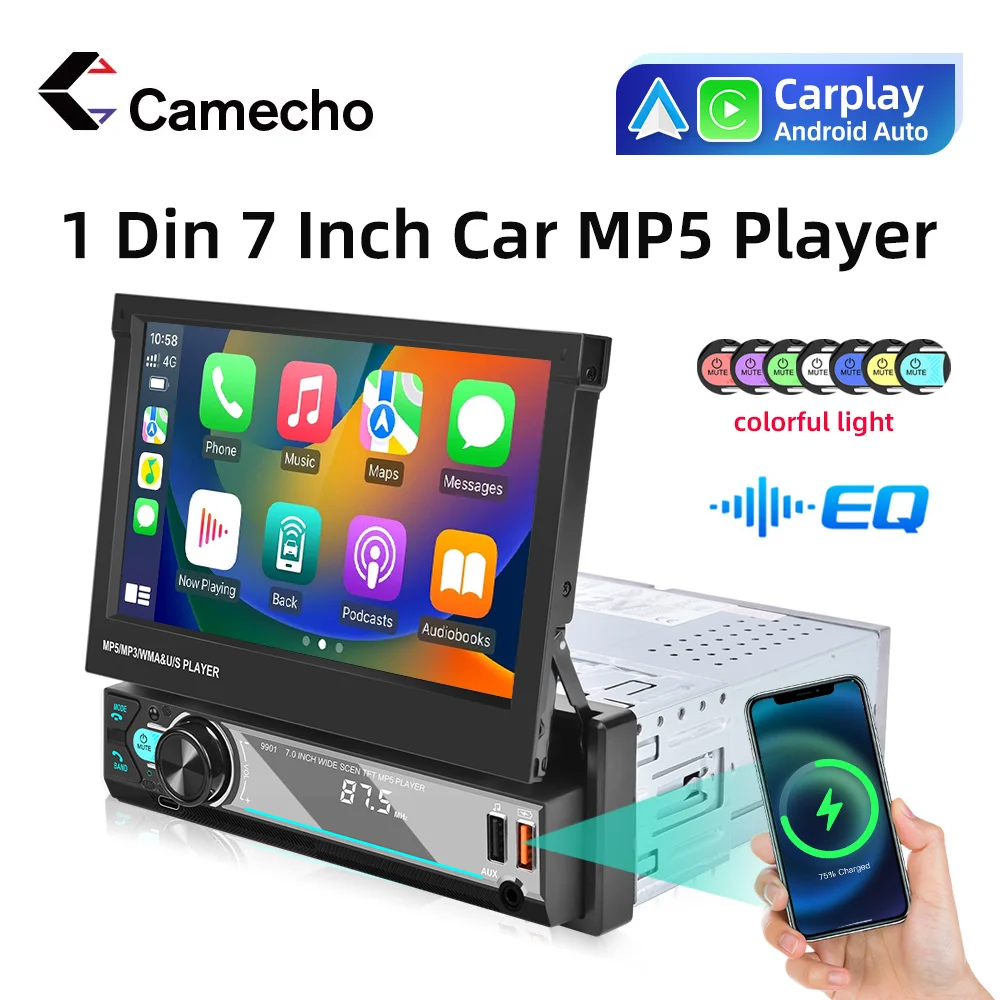 

Camecho 1 Din 7" Retractable Screen Wireless Carplay&Android Auto Bluetooth FM Mirrorlink Rear Camera Car MP5 Multimedia Player