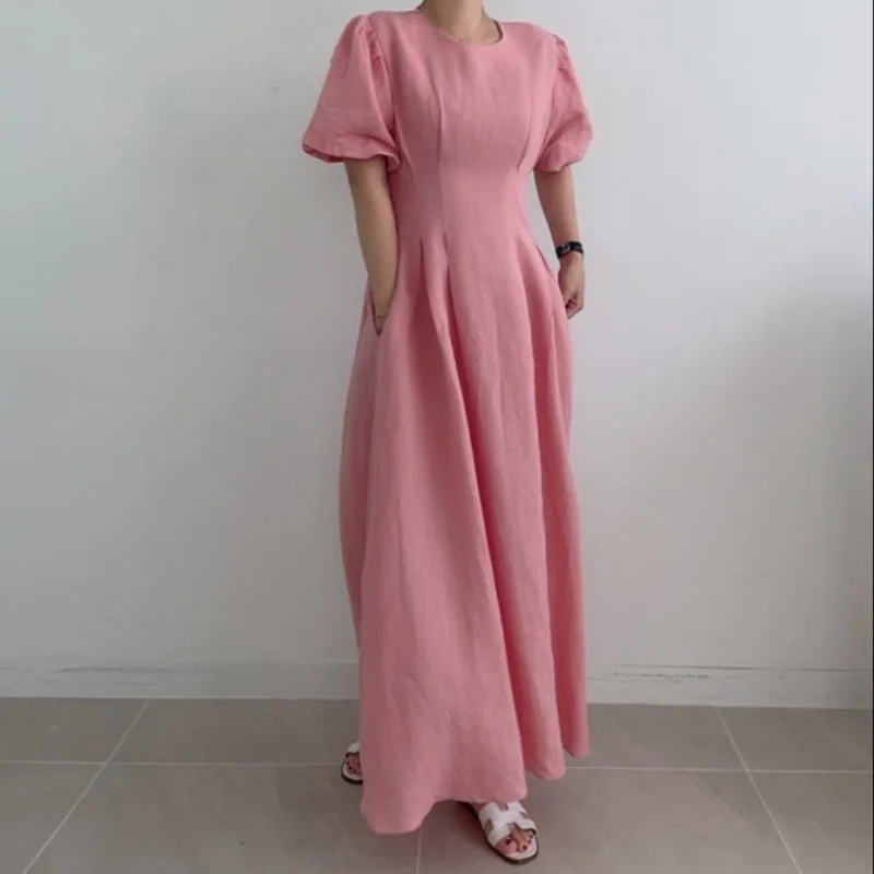 

New 2023 Fashion Party Dress Elegant Summer Solid Round Neck Cotton and Linen Wardrobe Elegant Pretty Dresses for Women
