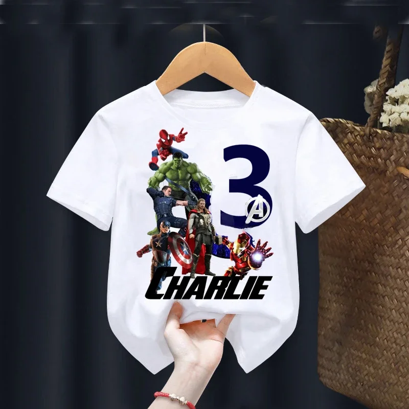thumbnail image 1 of Camisetas de cumpleaños para niños de 2, 3, 4, 5, 6, 7, 8 y 9 años, ropa para niños con nombre personalizado de Marvel Avengers, camiseta para fiesta de cumpleaños de superhéroes para bebés, 1 of 5