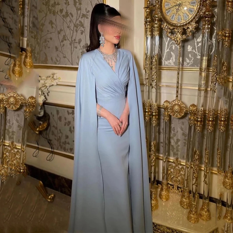 

Saudi Arabic Sky Blue Sexy V-Neck Satin Evening Dresses Mermaid Sleeveless Prom Dress Dubai 2023 Women Formal Party Gowns