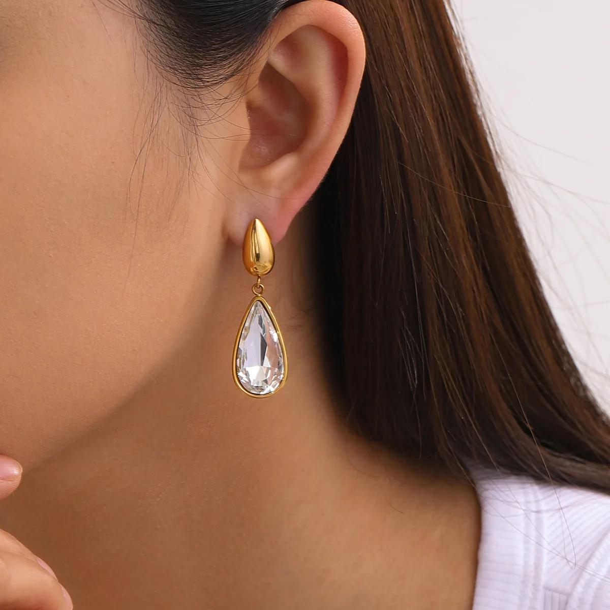 

Stainless Steel PVD 18K Gold Plated Tarnish Crystal Water Drop Earrings For Woman Jewelry Wholesale Summer Trendy
