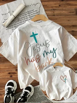 Handwritten Style Cross Text Jesus Has My Letter Print T-Shirt Casual Round Neck Women's Top Harajuku Sleeve Aesthetic Clothes 1