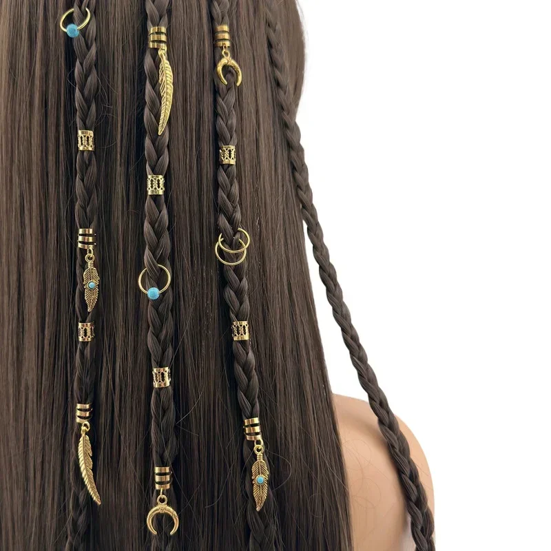 31 adet Saç Örgüler Retro Altın Yapraklar Ay Mavi Boncuk Saç Dreadlock Saç Yüzükler Süslemeleri Şekillendirici Araçları Kadın