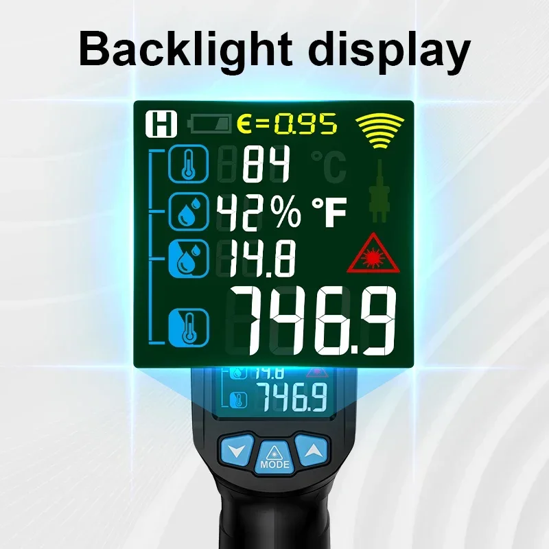 Digital thermometer 600/800&deg;C Industrial Digital Infrared High Temperature Meter Gun Laser Pyrometer Kitchen Outdoor Humidity Heat Meter
