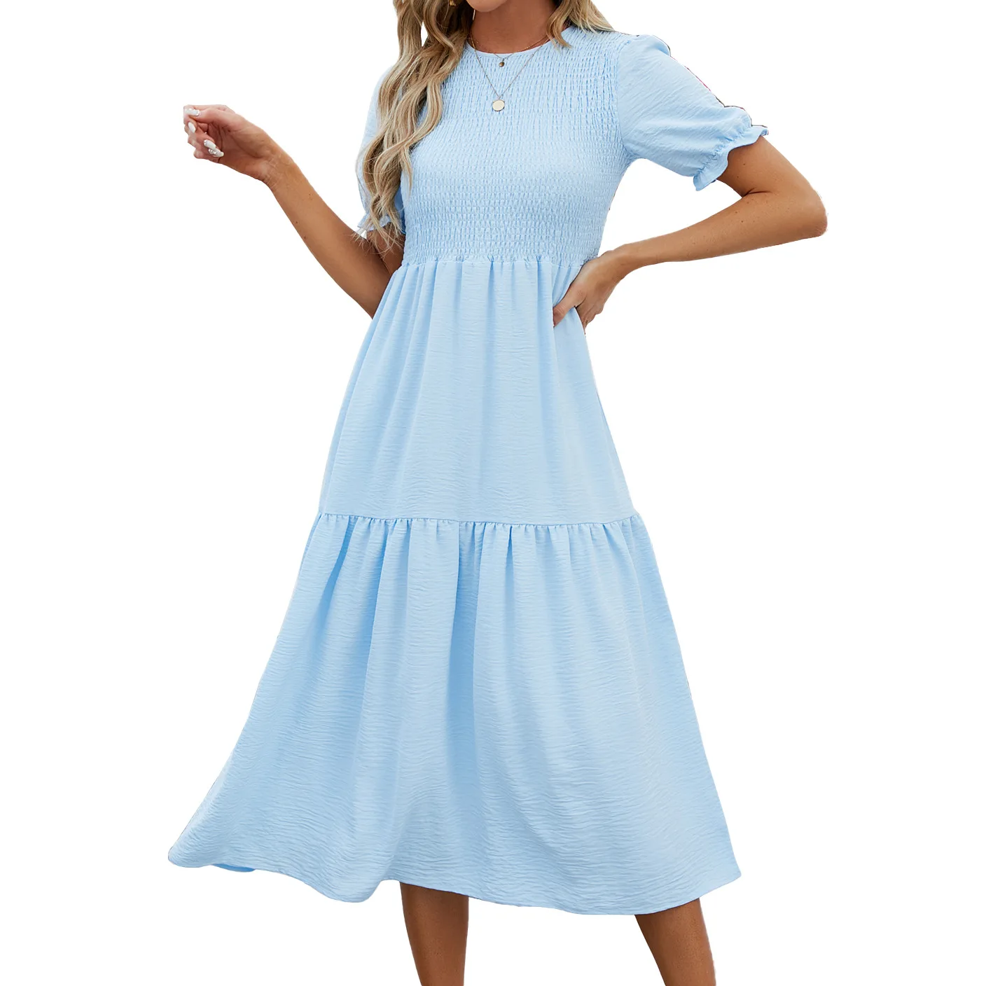 

Spring / Summer New Solid Round Neck Patchwork Short Sleeved Dress for Women