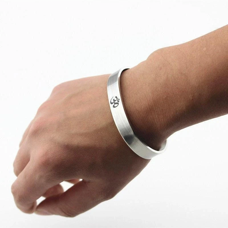 Stainless Steel OM Yoga Cuff Bangle for Men Silver-color Buddhist Yoga Open Cuff Bracelet Punk Jewelry Gifts