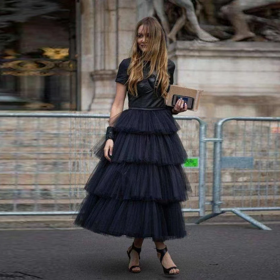 

Street Fashion Maxi Skirts Black Tiered Ankle Length Female Clothing Tutu Skirt for Women Cupcake
