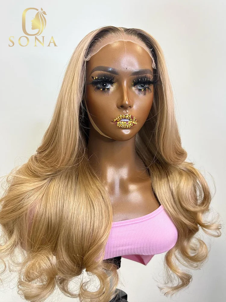 

32 34inch 1b/27#4/27# Dark Root Honey Blonde 13X6 HD Transparent Lace Frontal Wig Pre Plucked Body Wave Human Hair Wig For Women