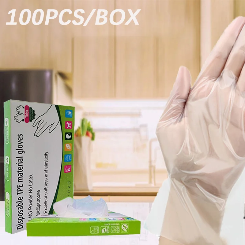 100PCS/BOX Disposable Gloves Latex Free TPE Transparent Non-Slip Acid Work Safety Food Grade Household Cleaning
