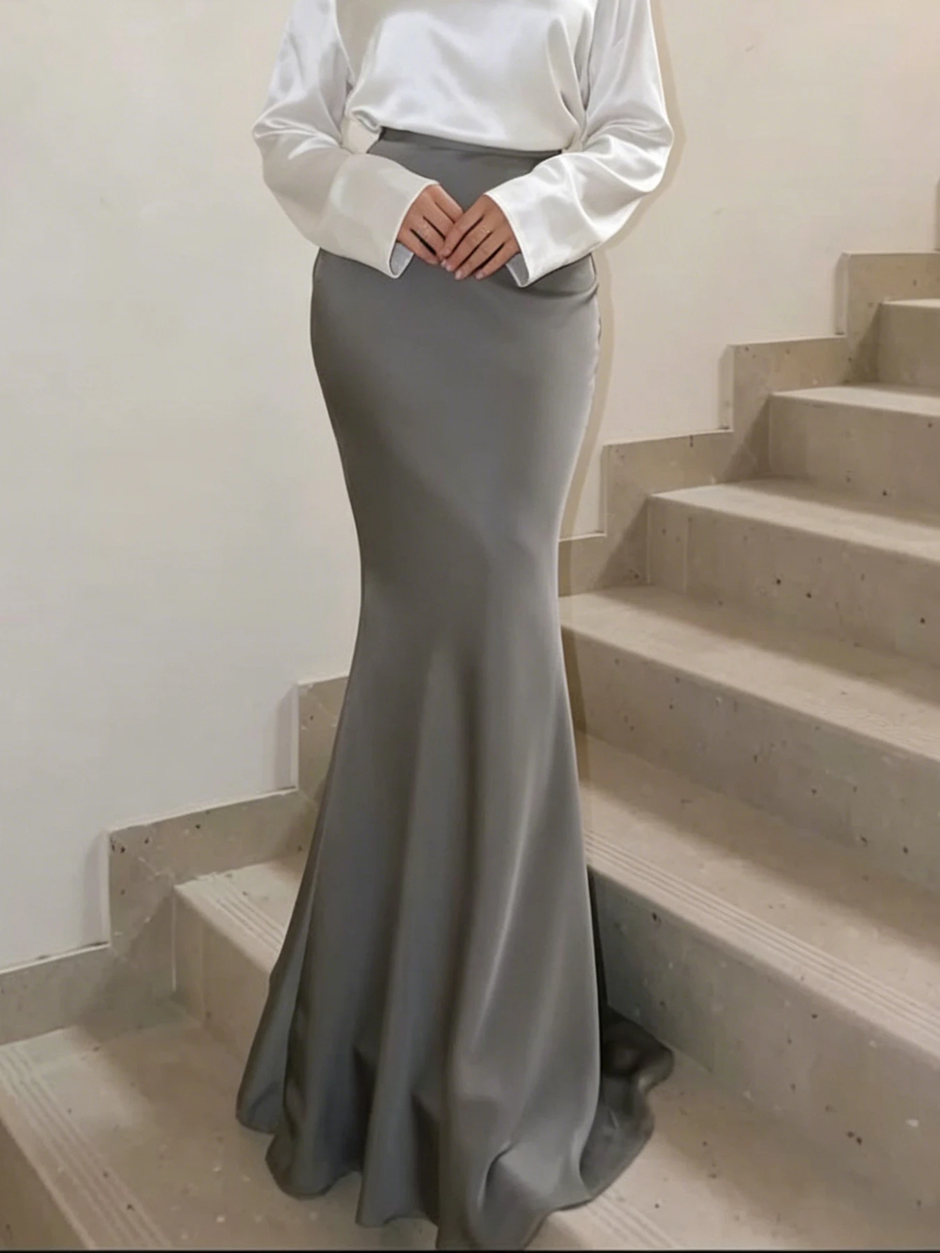 Women's high-waisted fishtail midi skirt, long floor-length drapey slim-fit bodycon skirt, Western style triacetate 2