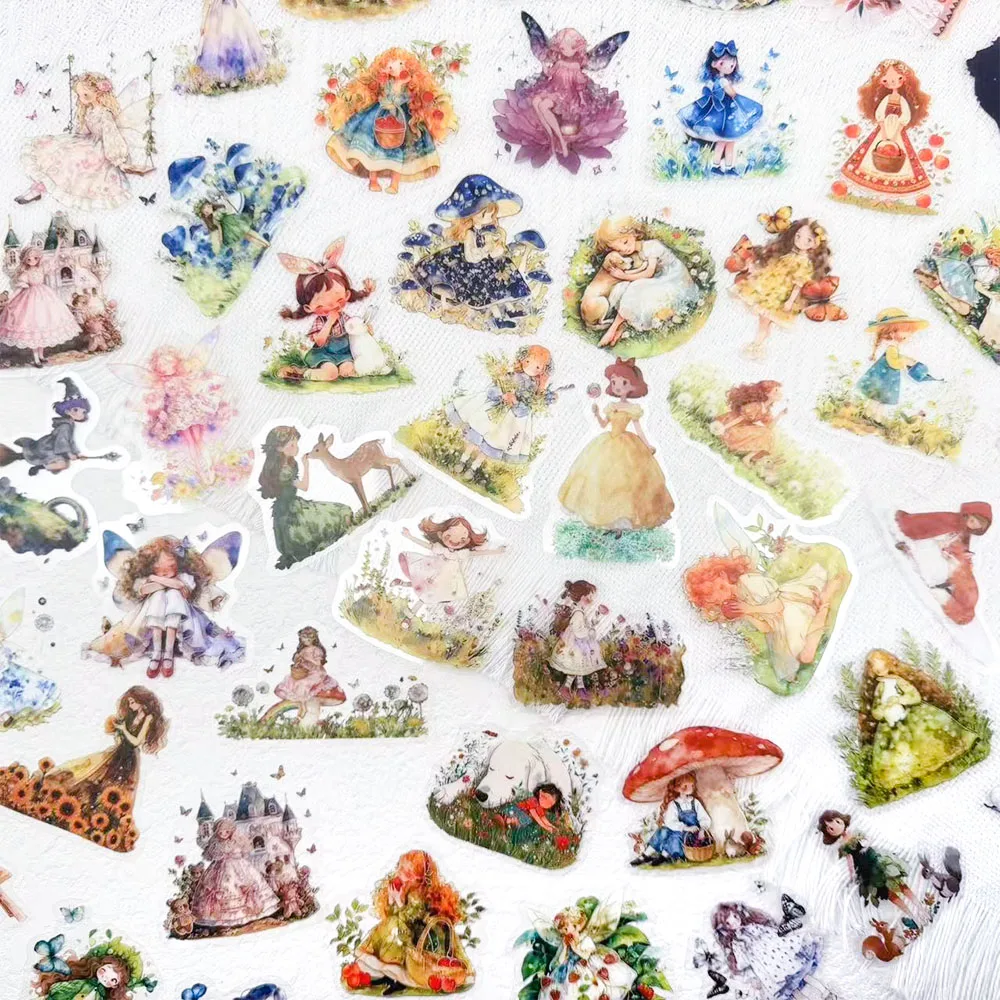 50개 동화 공주 PET 스티커 데칼 노트북, 여행 가방, 스케이트보드, 기타 DIY 미학 투명 스티커