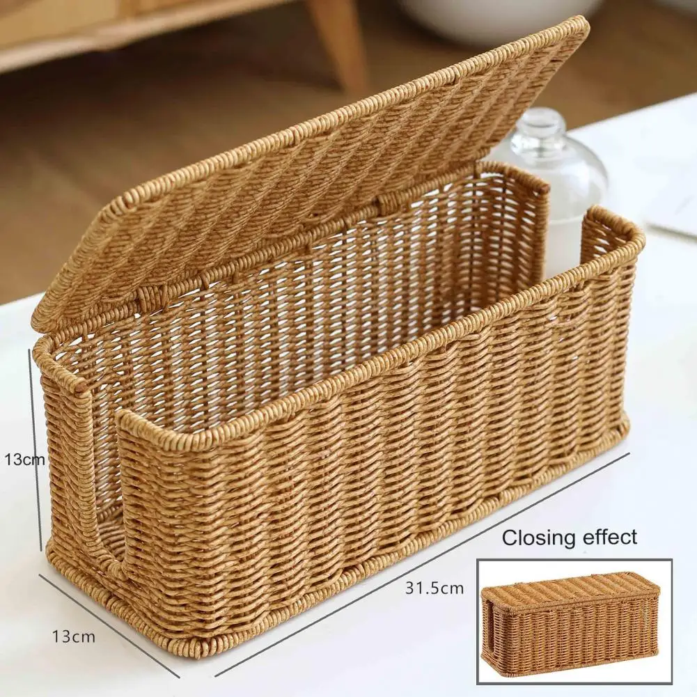 Storage Basket Rattan Wire Cable Organizer Handwoven Rattan Cable Management Box with 2 Slots for Power Cords Hidden Box Basket 4