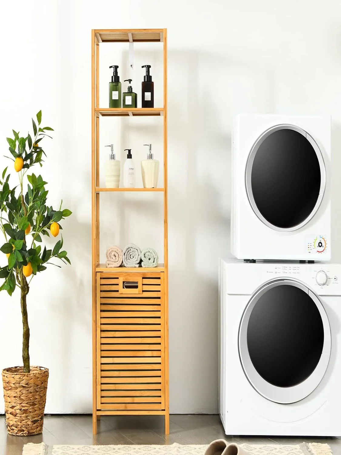 2-in-1-Badezimmerregal und Wäschekorb, hoher Schrank für Badezimmer aus Bambus mit 3 Regalen, Wäscheschrank – Detail 1