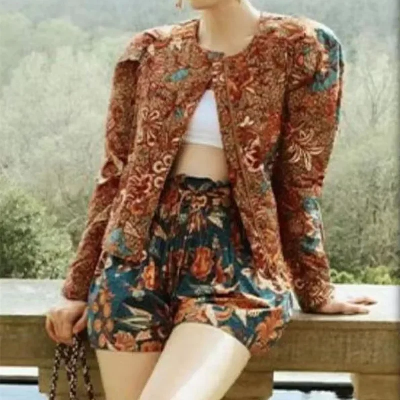 

Jacket for Women 2023 New Fall Winter Floral Print Single Breasted O-Neck Retro Long Sleeve Coat