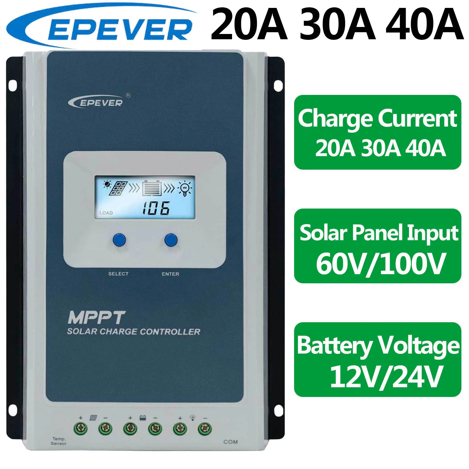 EPEVER 20A 30A 40A MPPT Solar Charge Controller Max PV Input 100V Battery Voltage 12V 24V Auto Identify