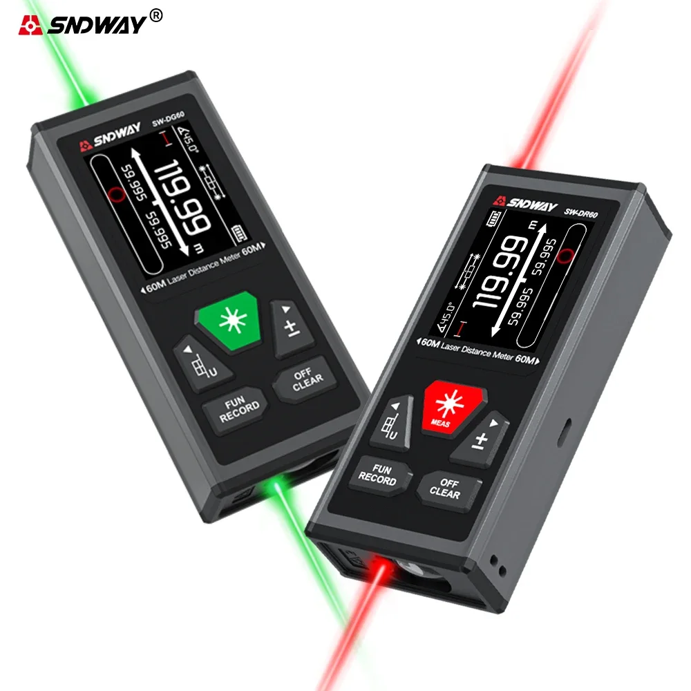 SNDWAY Dual Laser Rangefinder 60M 100M Bilateral Laser Distance Meter Electronic Angle Rechargeable Magnetism M/in/Ft laser distance meter