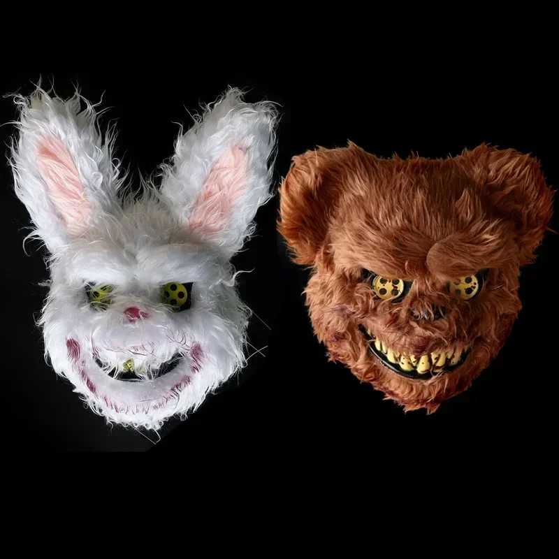 Halloween Horror Cosplay Decorative Prop Mask Bloody Rabbit Plush Bunny Mask Headgear Halloween Horror Bear