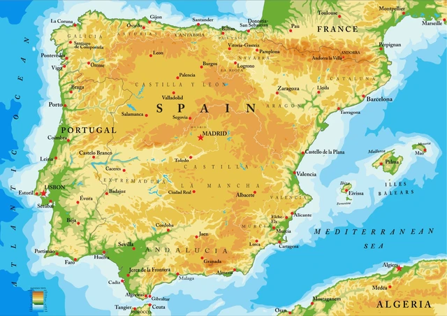 Mapa de espanha e portugal mostrando grandes cidades e citys arte