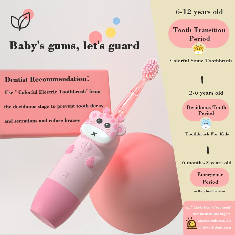 For 3-12 Ages Children's Sonic Electric Toothbrush Battery Colorful LED Sonic Kids Tooth Brush Smart Timer Brush Heads Gift