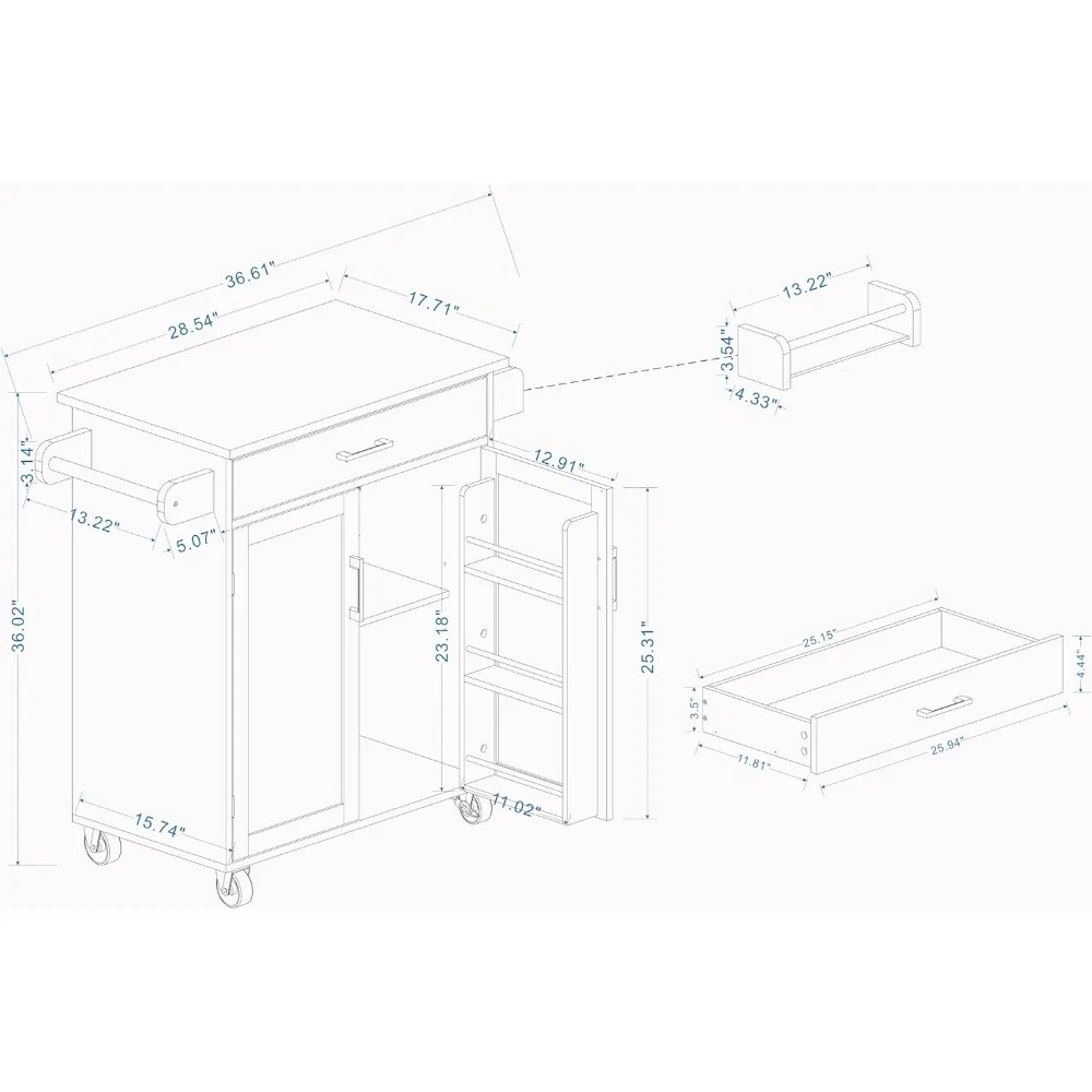 Kitchen Island Rolling Trolley Cart with 1 Drawer & 2 Doors with Storage Racks, Adjustable Shelves, Towel Rack, Seasoning Rack 6