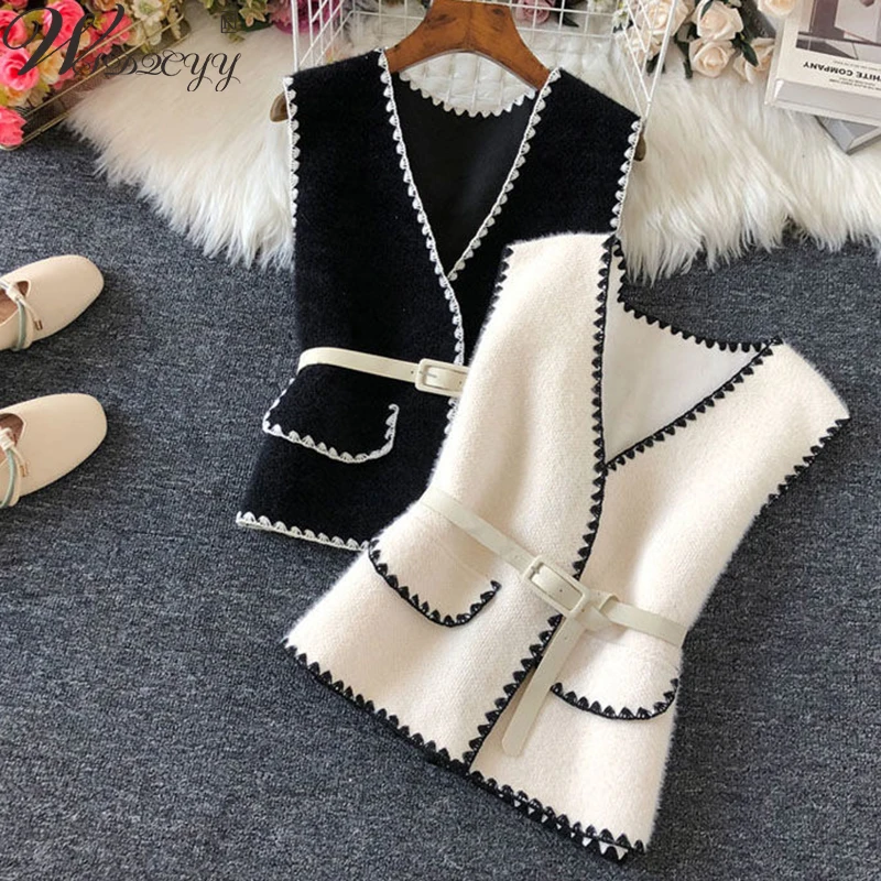 Vest Jacket Women Vinatge Patchwork French Style V-Neck Cardigans Coat With Belt Spring Autumn Temperament Sleeveless Waistcoat