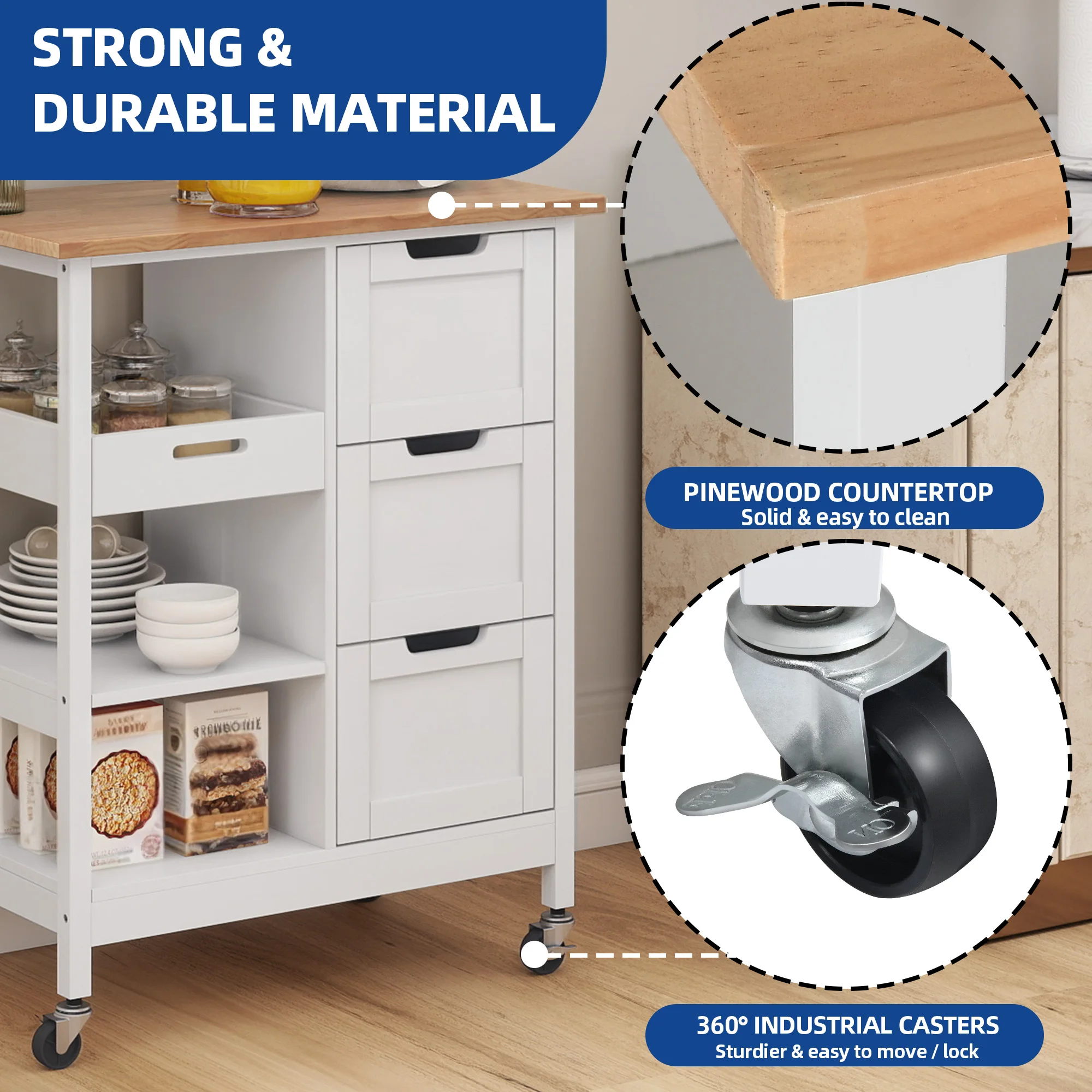 Home Rolling Kitchen Trolley Cart 33'' Tall Wood Storage Drawers Stand Shelves
