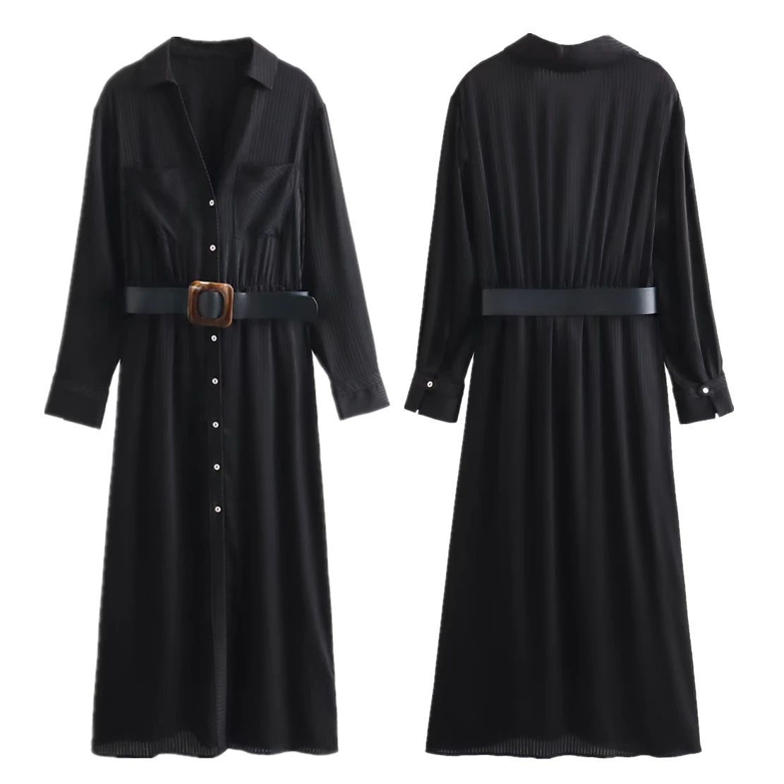 

Dave&Di French Retro Pleated Midi Dress Fashionable And Casual Dress Elegant Black Commuting With Belt For Women