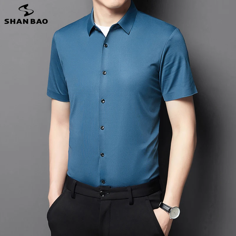

SHAN BAO Summer Brand Silky Stretch Men's Slim Short Sleeve Shirt Business Casual Fashion Lightweight Fit Solid Color Shirt
