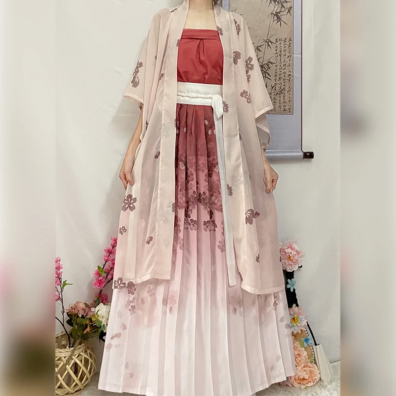 Chinese Hanfu Dress 3PCS Set Pink Flowing Pleated Dress Chinese Ancient Women Embroidery Dress Costume For Shooting Graduation