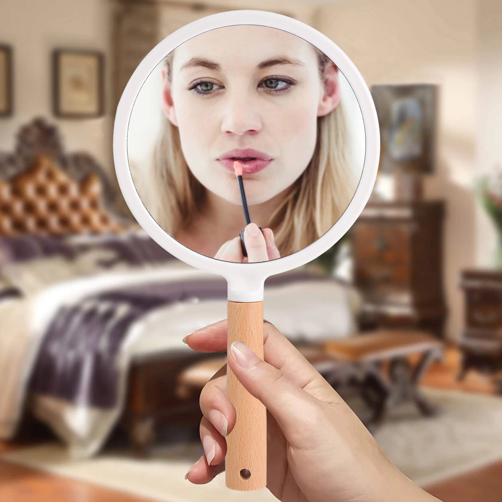 Portable Handheld Mirror Makeup Artists Vanity Mirror Wooden Handle Barber Shop Travel Size Beauty Tool Skin