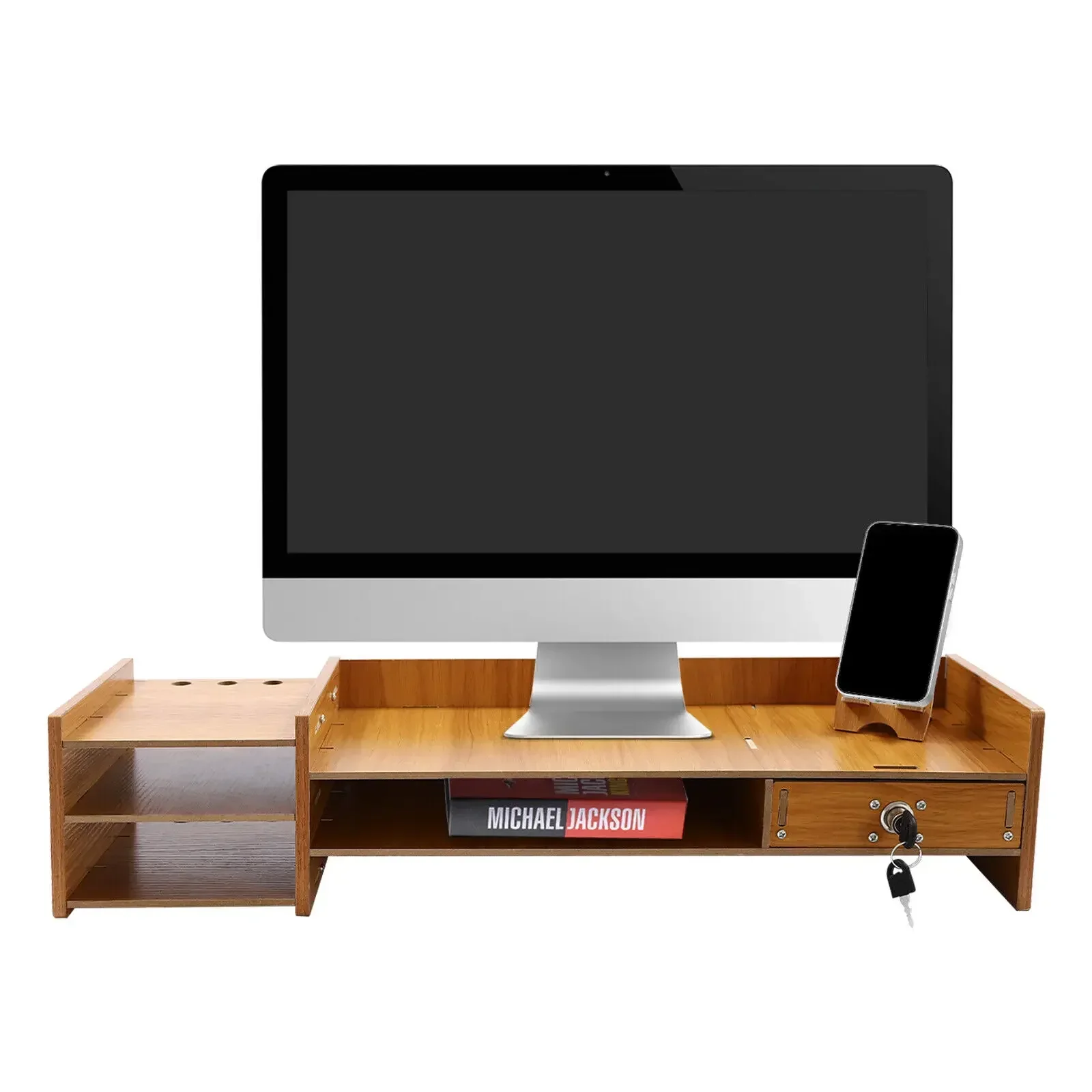 Wood Desk Organizer Home Office Desktop Storage Drawer Computer Holder w/Lock 3