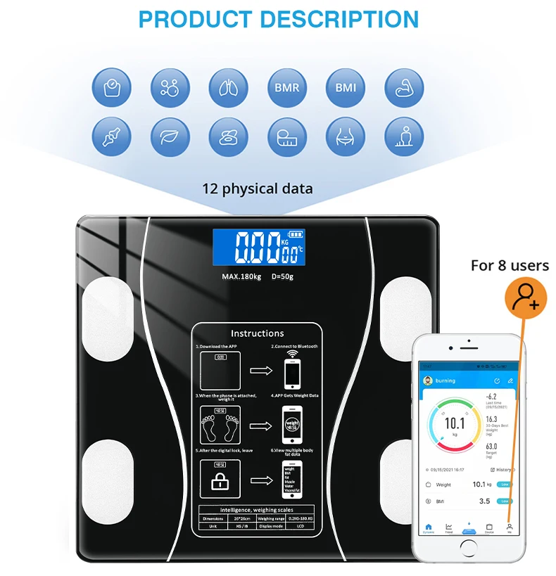 Weighing Scale Bluetooth Body Fat Escamas Smart Electronic BMI Composition Analyzer Fashion Selling Precision Bathroom Black