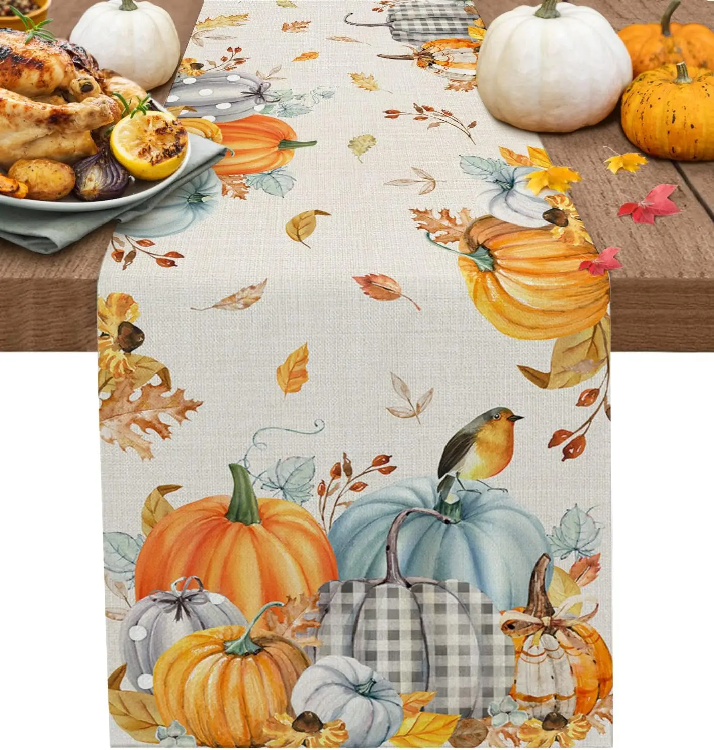 

Autumn Pumpkin Maple Leaf Linen Table Runners Thanksgiving Fall Dresser Scarf Table Decor Holiday Home Party Dining Table Decor