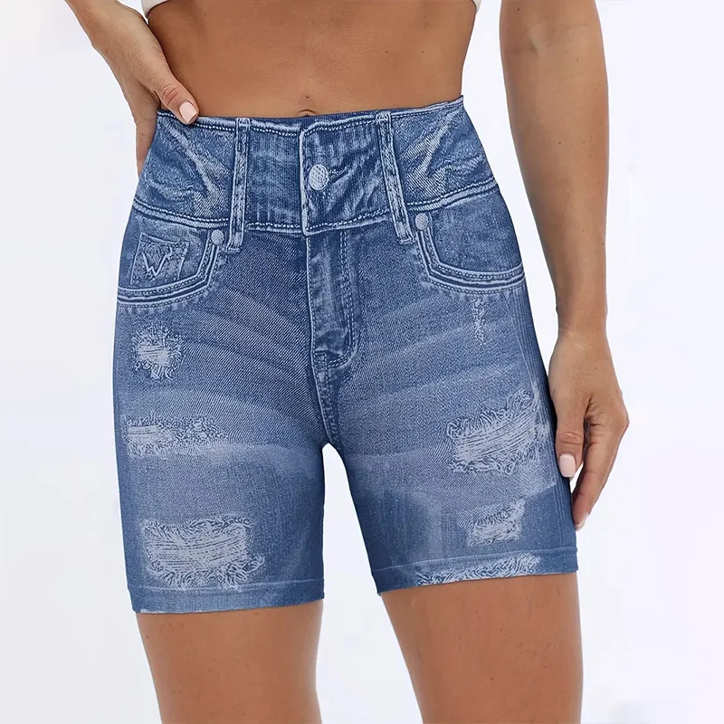 High Waisted Shorts Denim Printed Women's Sports Hip Lifting Weight Lifting Fitness Yoga Shorts