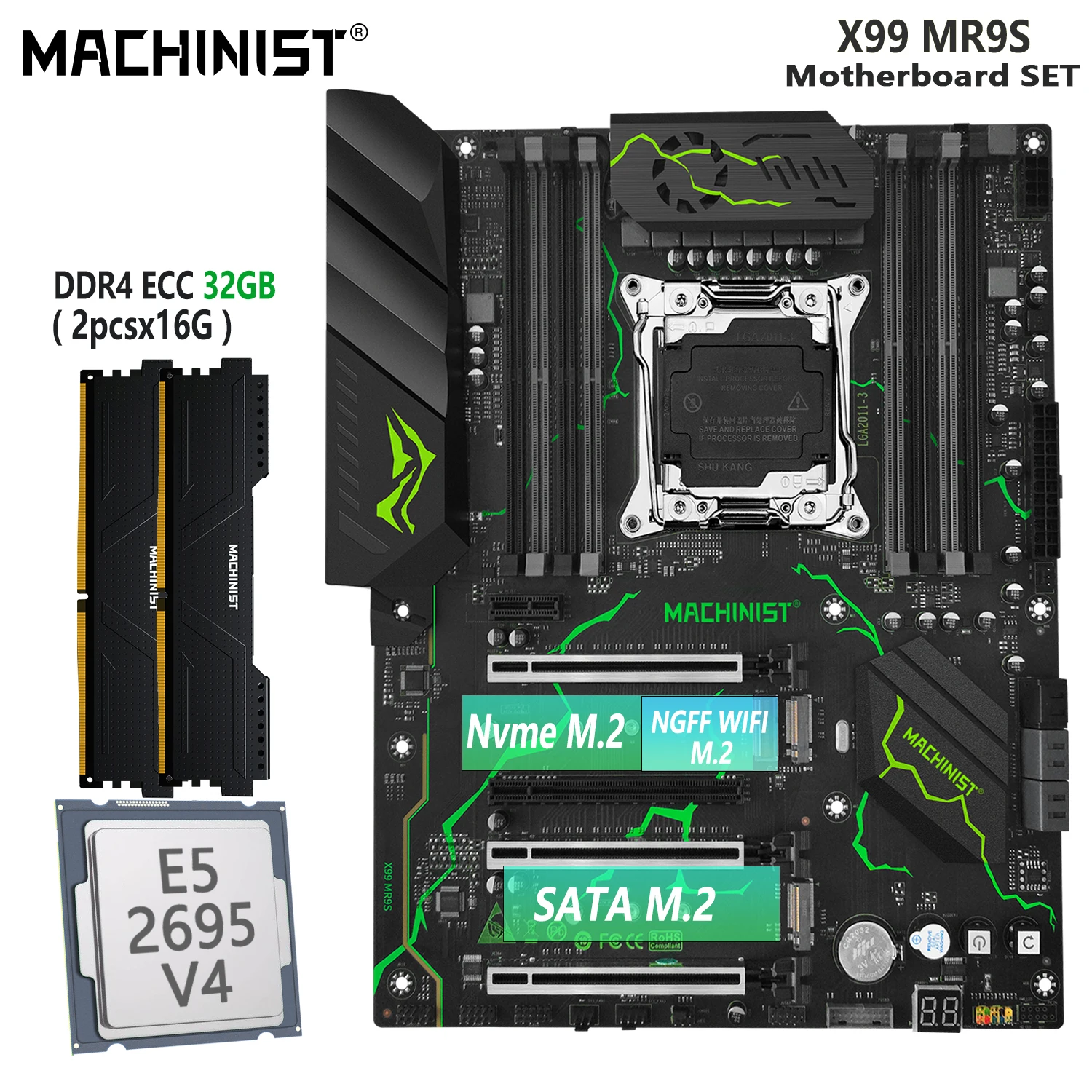 Machinist Mr9S V6 X99 Set Scheda Madre Lga 2011-3 Kit Con Cpu Intel E5 2695 V4 2X16 = 32Gb Ddr4 Ecc Ram Memory Ssd Nvme M.2 Atx