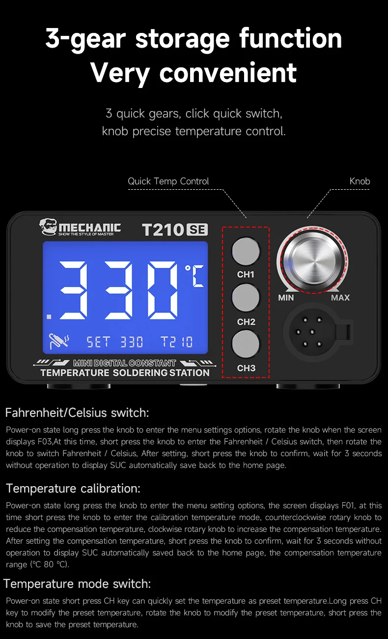 MECHANIC OFFICIAL Min 디지털 디스플레이 온도조절식 납땜 스테이션 T210 SE 용접 리워크 스테이션 휴대폰 PCB SMD IC 납땜