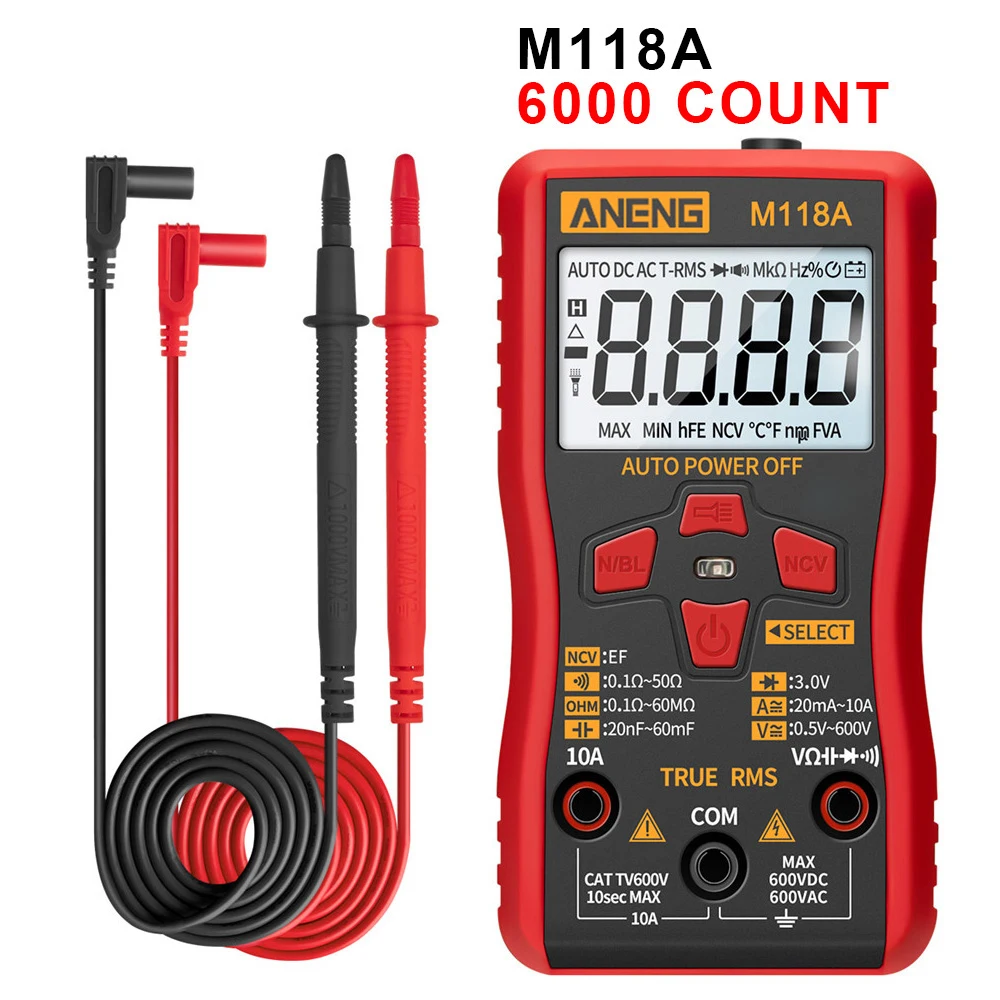 M118A Multimetro Digitale Mini Smart Tester Con Ncv Data Hold Torcia 6000 Conteggi Auto Mmultimetro True Rms Tranistor Meter