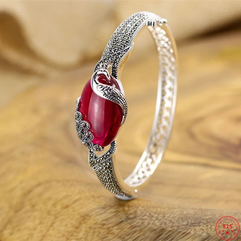 

S925 Sterling Silver Bracelets for Women 2023 New Women's Fashion Red Corundum Peacock Hollow Bangle Pure Argentum Jewelry