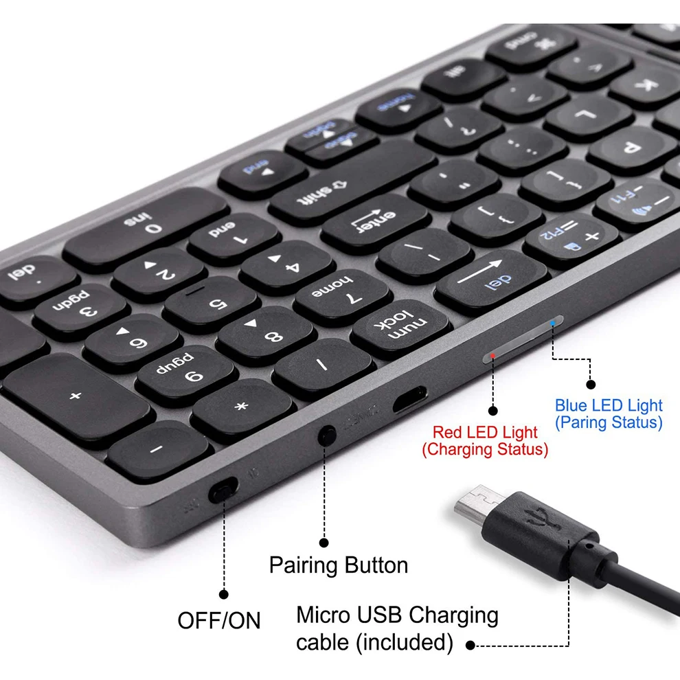 Teclado Dobrável do Bluetooth com Teclado Numérico Bolso Recarregável sem Fio Portátil Tamanho Completo - Imagem 6