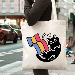 Chic Cat & Rainbow Canvas Tote Bag - Versatile Unisex Accessory (Black)