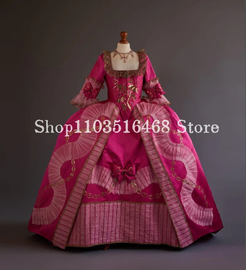 18th Century Rococo Rose Pink Edwardian Square Neck Half Sleeve Fantasy Bow Applique Masquerade Prom Dress For Women women prom dresses