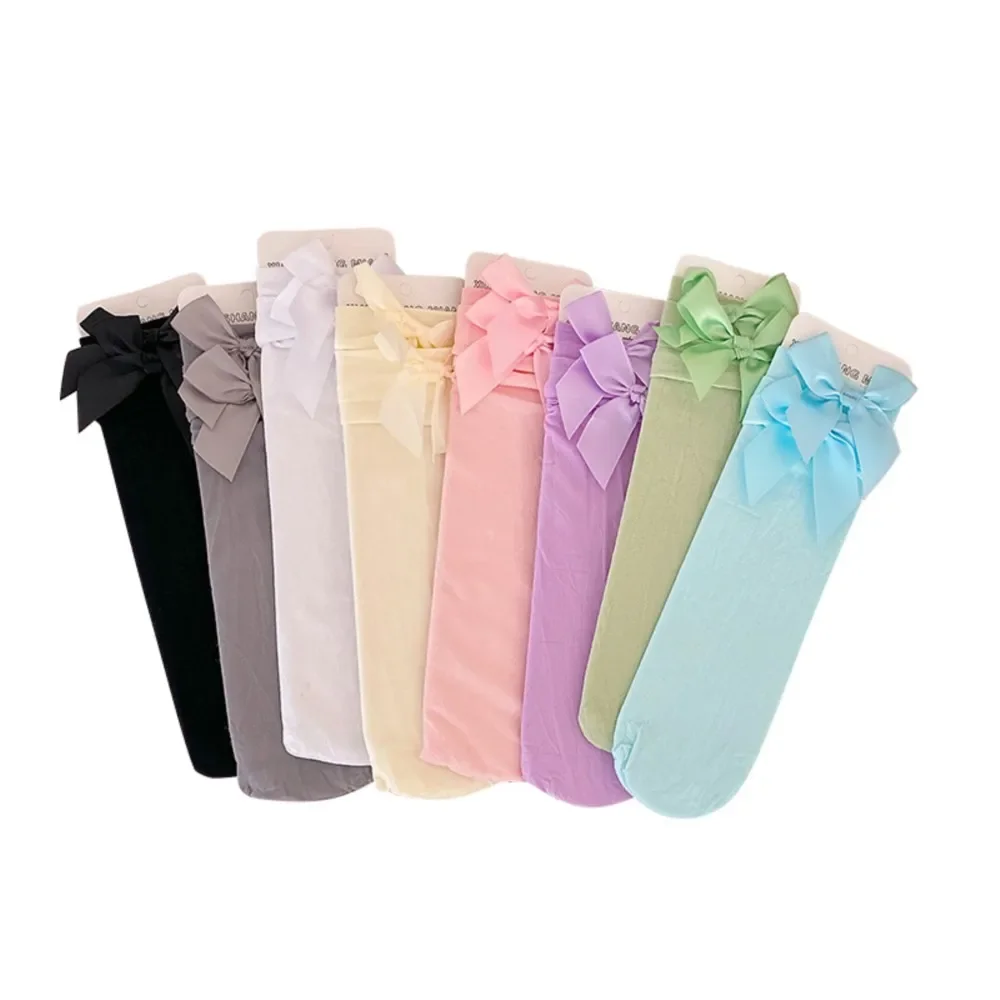 Girls Mid-tube Socks Lace Spring Summer Thin Kids Velvet Bow Socks Candy Color Pile Lolita Stockings Children Sock 2