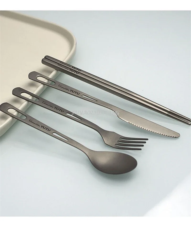 Description Picture 6 of itemPure Titanium Tableware Set Outdoor Household Frosted Knife and Fork Spoon Chopsticks Travel Camping Portable Knife and Fork Set