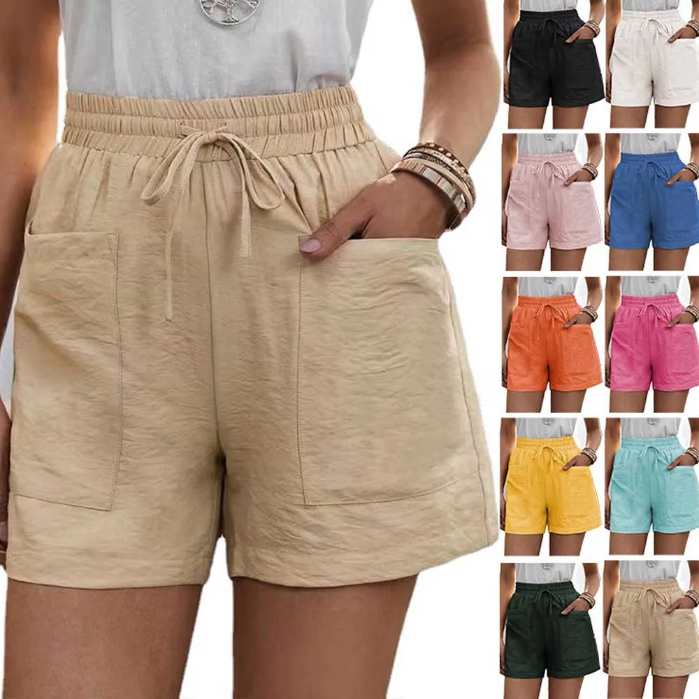 

Womens New Solid Color Two Pockets Loose Cotton And Linen Casual Pants Home Short Trousers S-5XL Oversized Pants